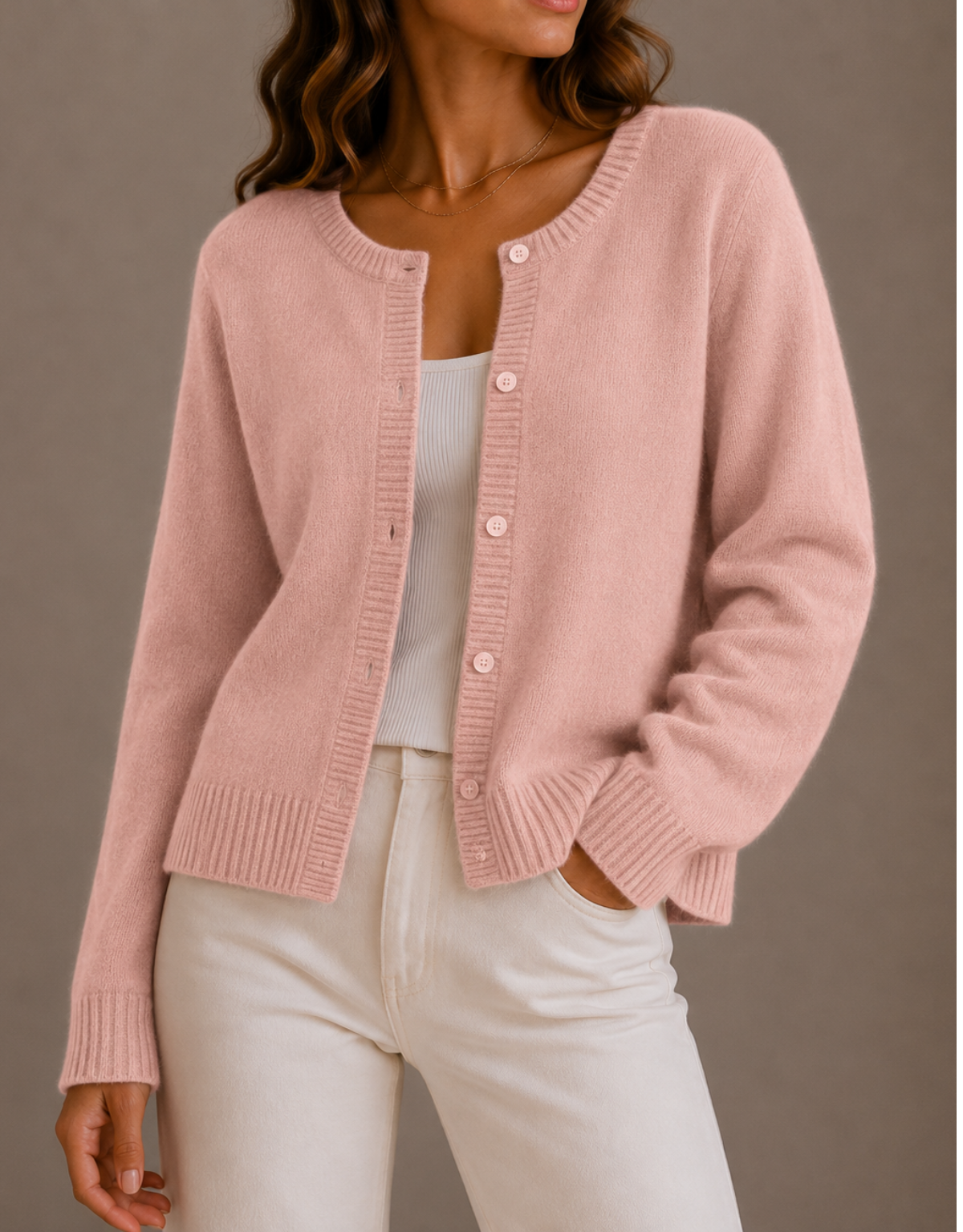 NADIRA | KNIT CREW NECK BUTTON CARDIGAN - Blush Pink