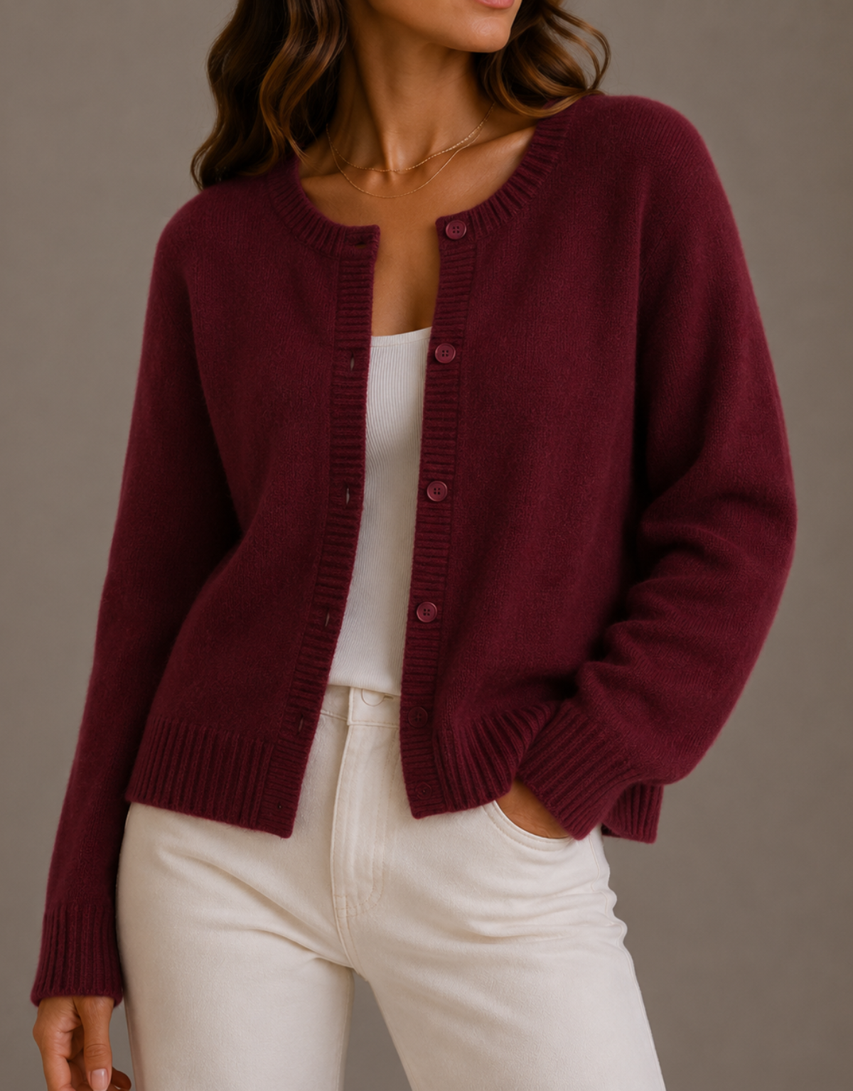 NADIRA | KNIT CREW NECK BUTTON CARDIGAN - Burgundy