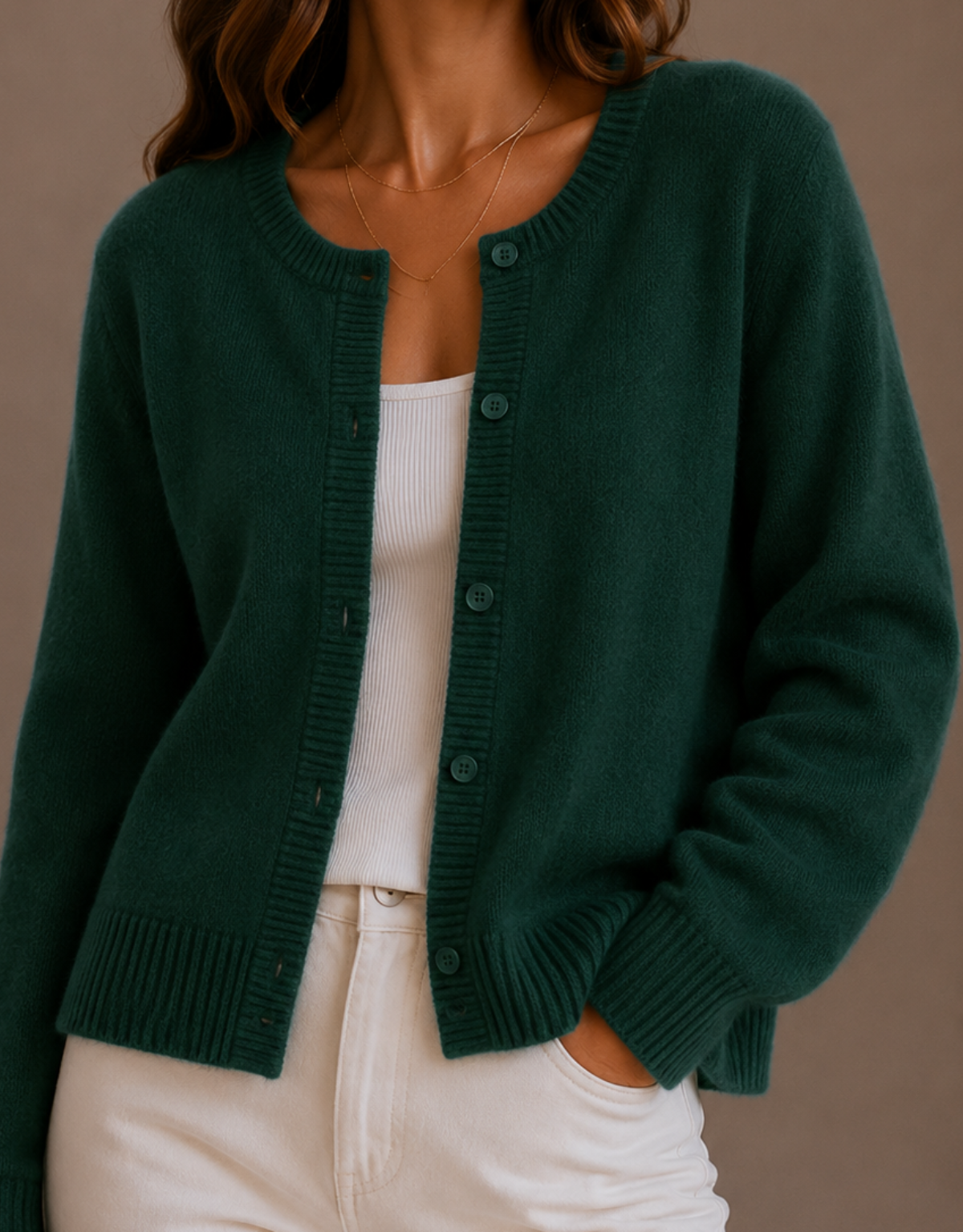 NADIRA | KNIT CREW NECK BUTTON CARDIGAN - Forest Green