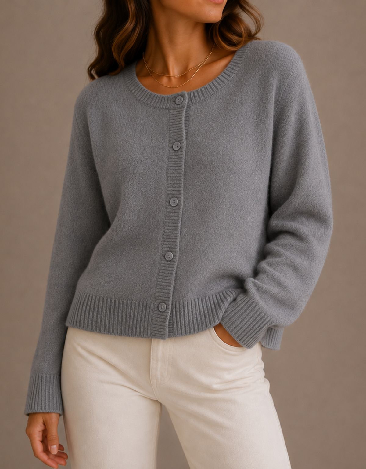 NADIRA | KNIT CREW NECK BUTTON CARDIGAN - Gray