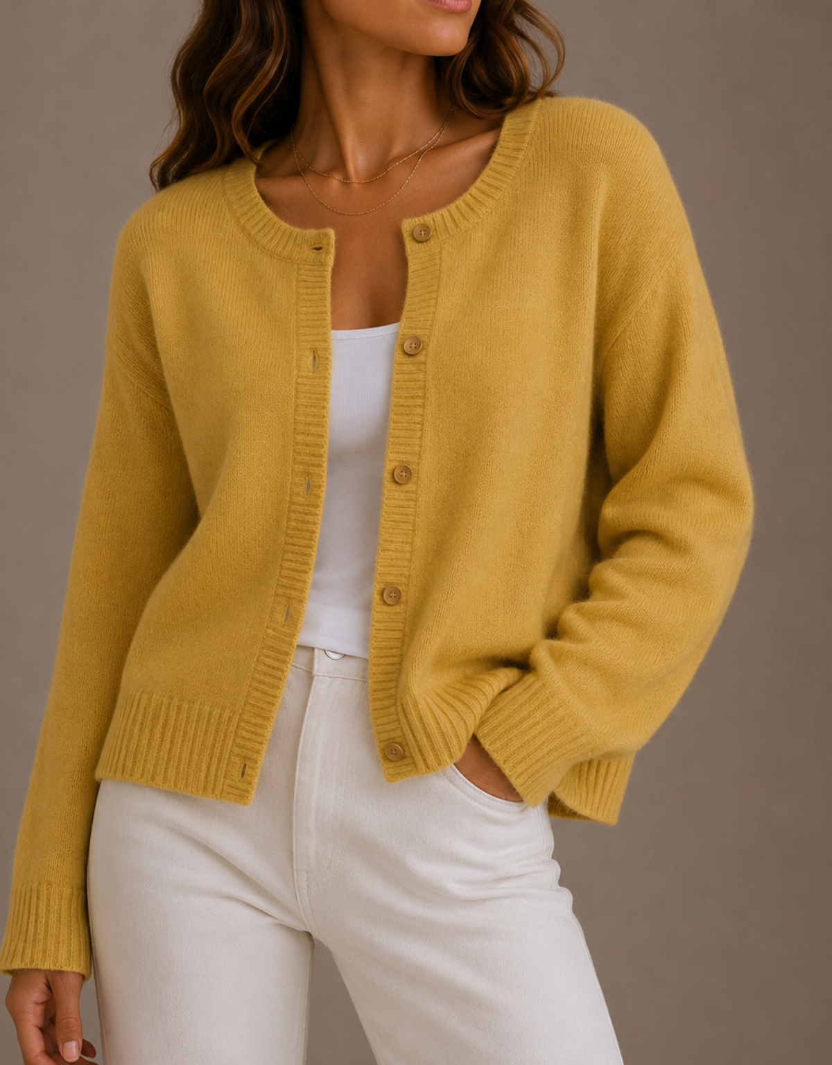 NADIRA | KNIT CREW NECK BUTTON CARDIGAN - Mustard Yellow
