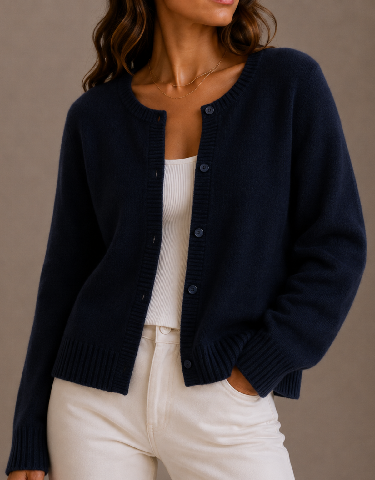 NADIRA | KNIT CREW NECK BUTTON CARDIGAN - Navy