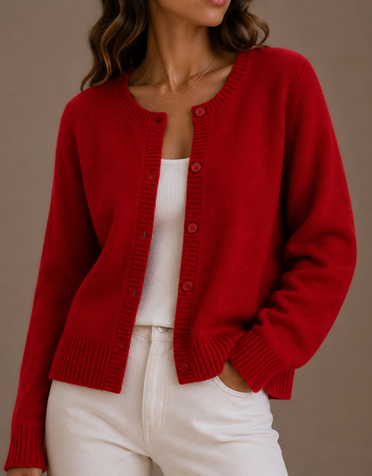 NADIRA | KNIT CREW NECK BUTTON CARDIGAN - Red