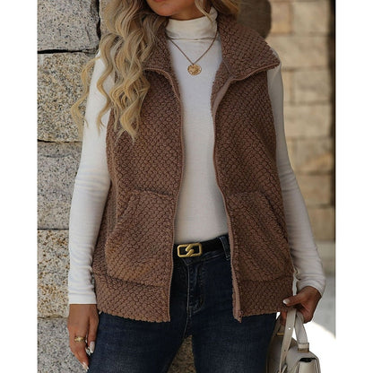 NAILA | TEXTURED ZIP UP GILET - Brown