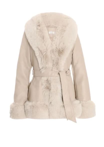 Cream wool faux fur coat with large collar and cuffed sleeves, front view