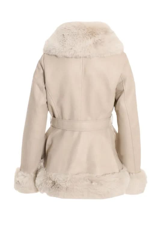 Cream wool faux fur coat back view with tie waist and fur-trimmed hem