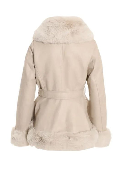 Cream wool faux fur coat back view with tie waist and fur-trimmed hem
