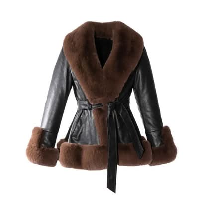 Dark brown faux fur jacket with leather sleeves and brown fur trim