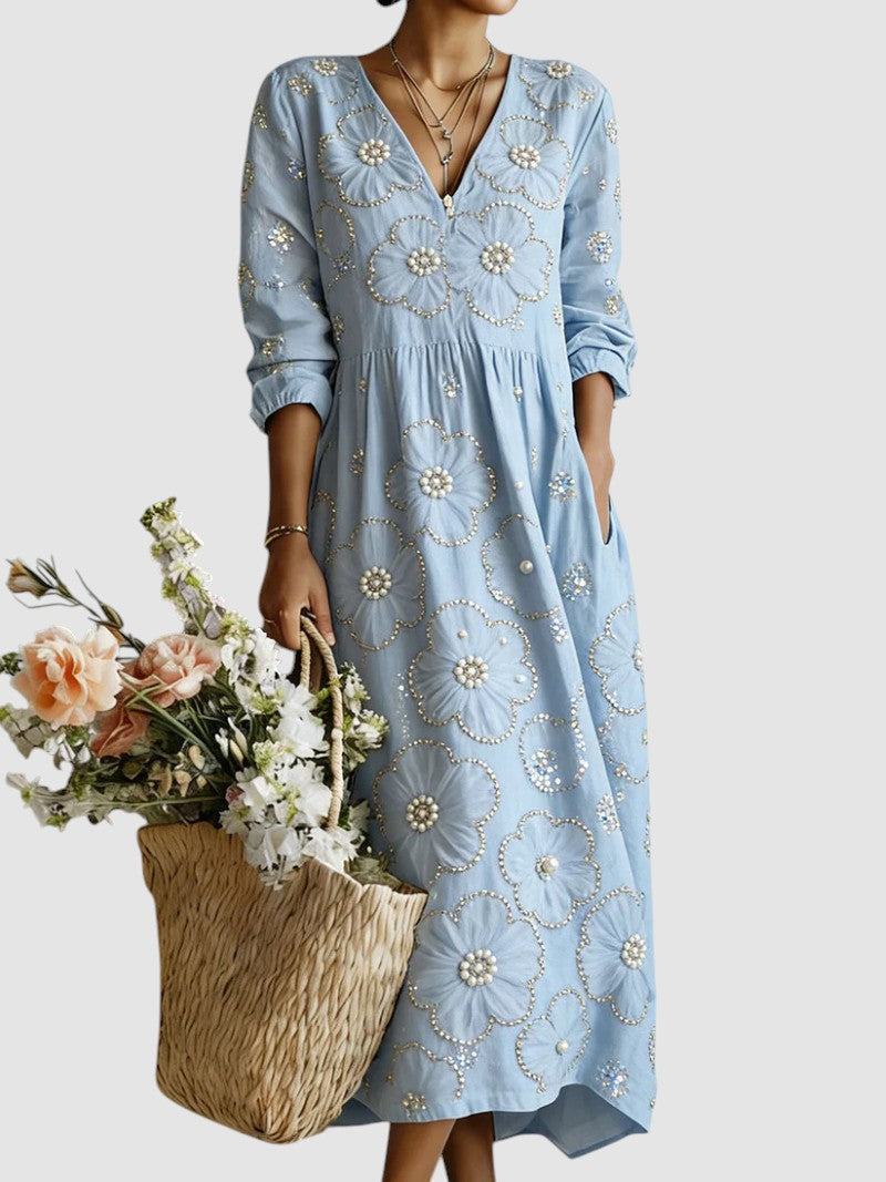 NANETTE | BEADED FLORAL V NECK MIDI DRESS - Light Blue