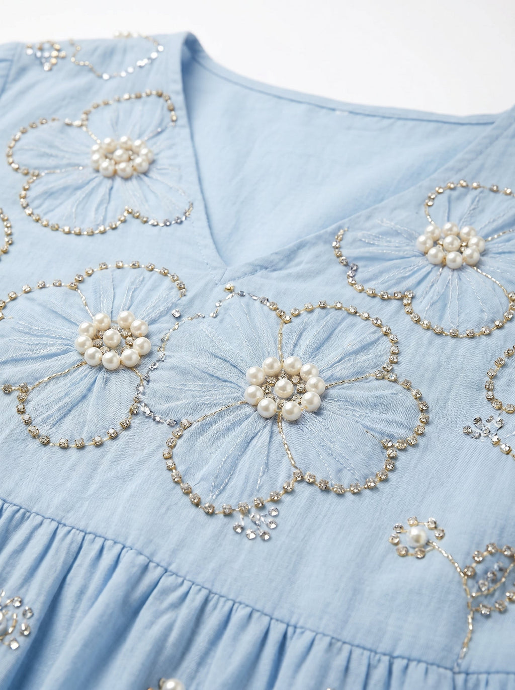 NANETTE | BEADED FLORAL V NECK MIDI DRESS - Light Blue