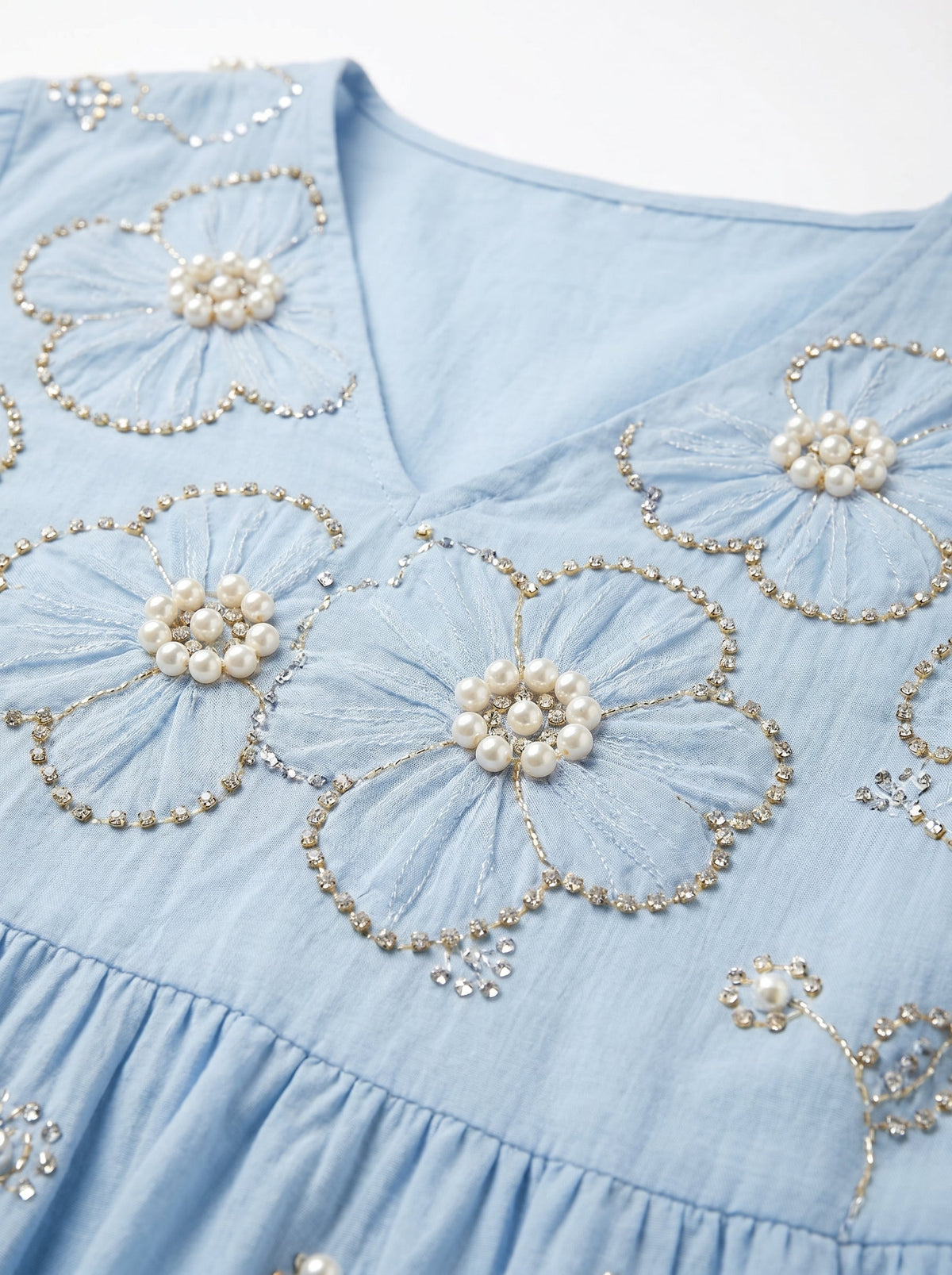 NANETTE | BEADED FLORAL V NECK MIDI DRESS - Light Blue