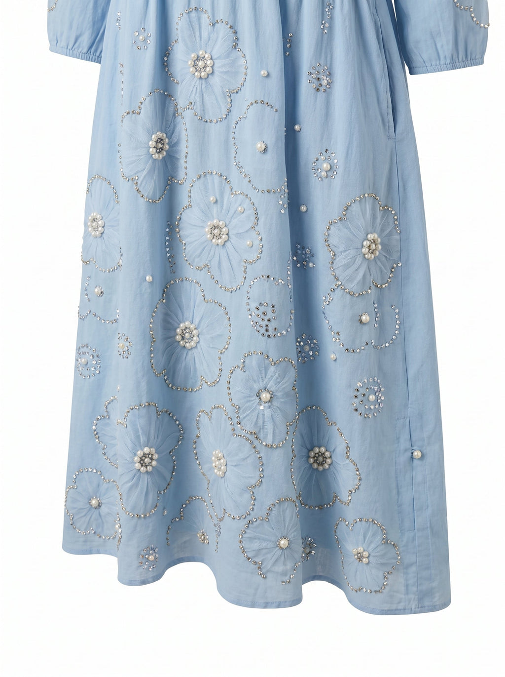 NANETTE | BEADED FLORAL V NECK MIDI DRESS - Light Blue