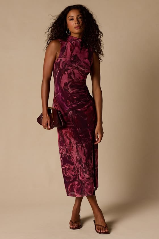 NEOMA | MOCK NECK MIDI DRESS - Mauve Abstract Print