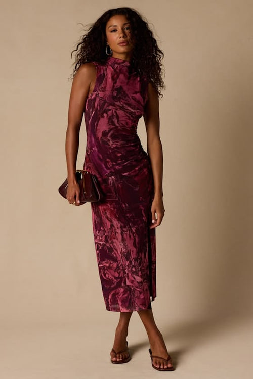 NEOMA | MOCK NECK MIDI DRESS - Mauve Abstract Print