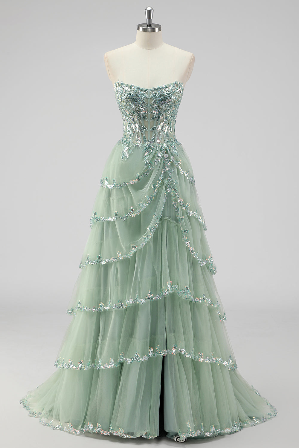 NERYS | SEQUIN TIERED GOWN - Sage Green