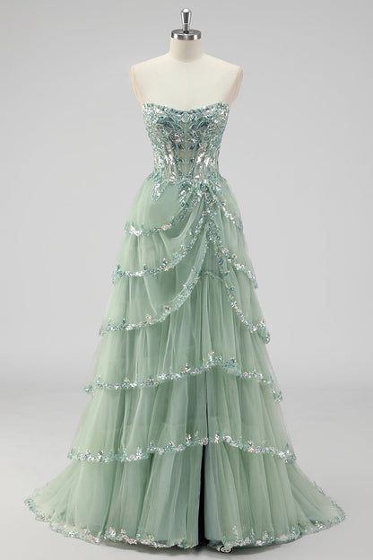 NERYS | SEQUIN TIERED GOWN - Sage Green