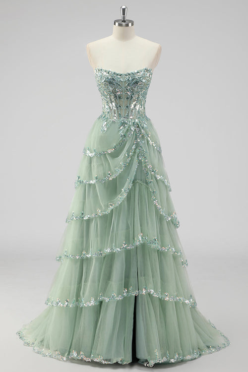 NERYS | SEQUIN TIERED GOWN - Sage Green
