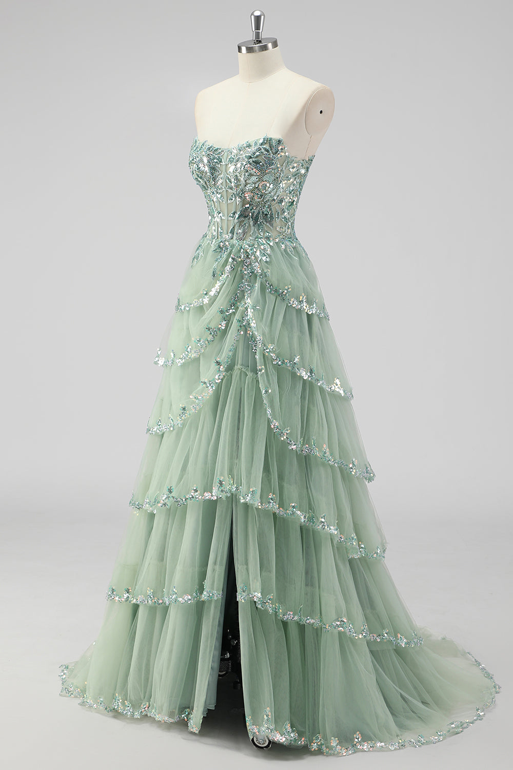 NERYS | SEQUIN TIERED GOWN - Sage Green