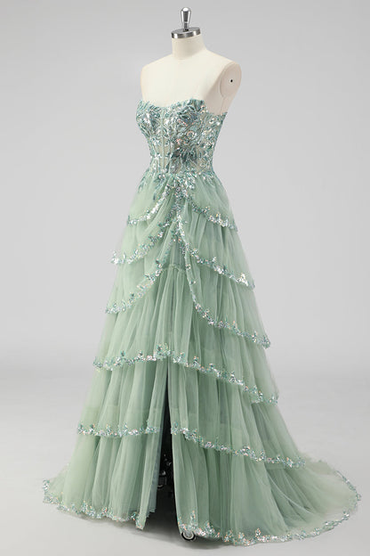 NERYS | SEQUIN TIERED GOWN - Sage Green