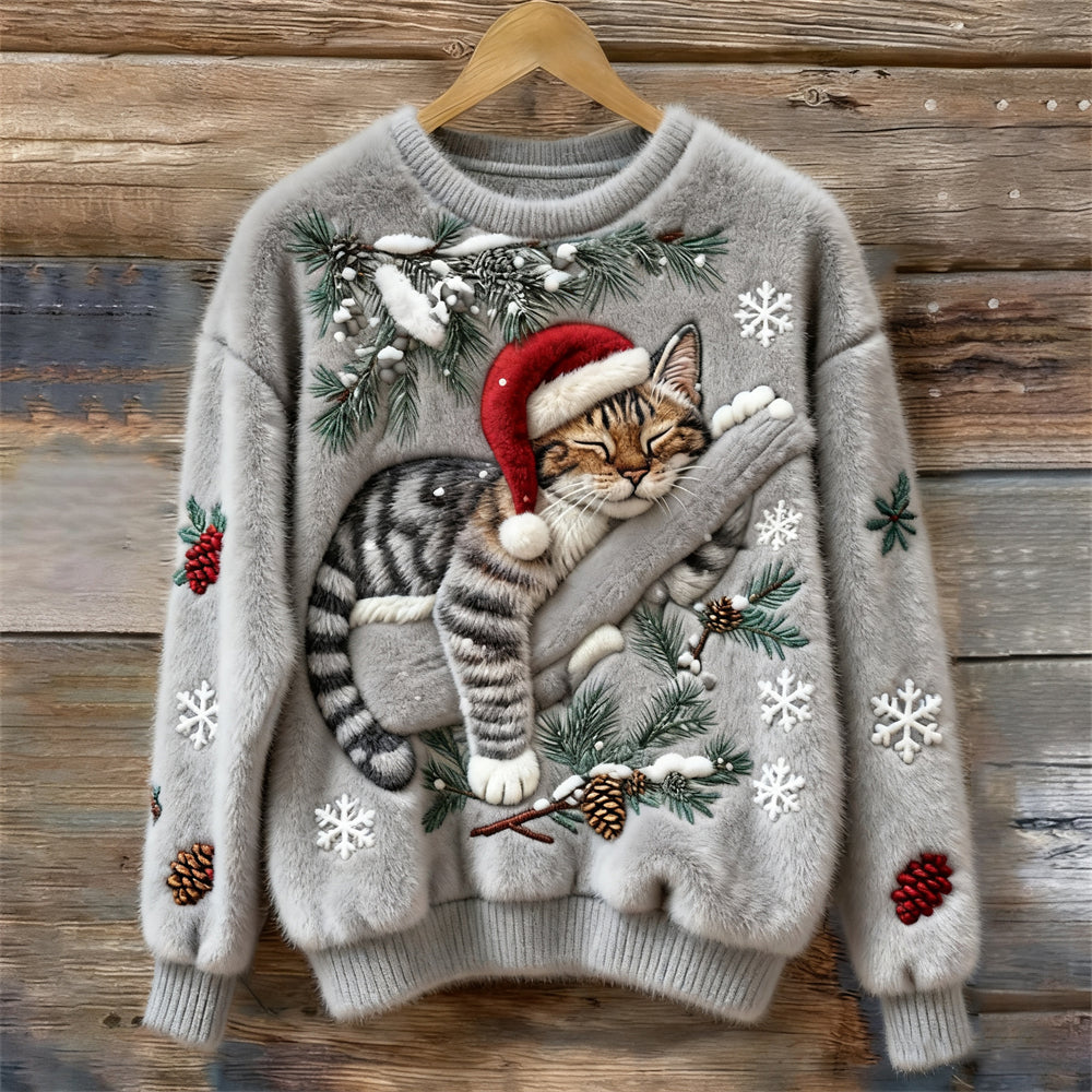 NETTIE | CHRISTMAS CAT CREW NECK SWEATER - Heather Gray