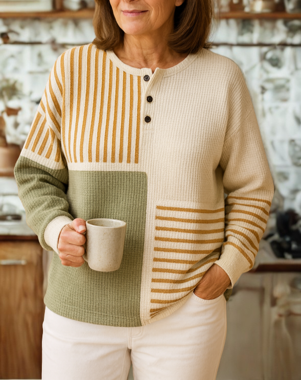 NICOLA | COLORBLOCK WAFFLE KNIT SWEATER - Sage and Mustard Colorblock