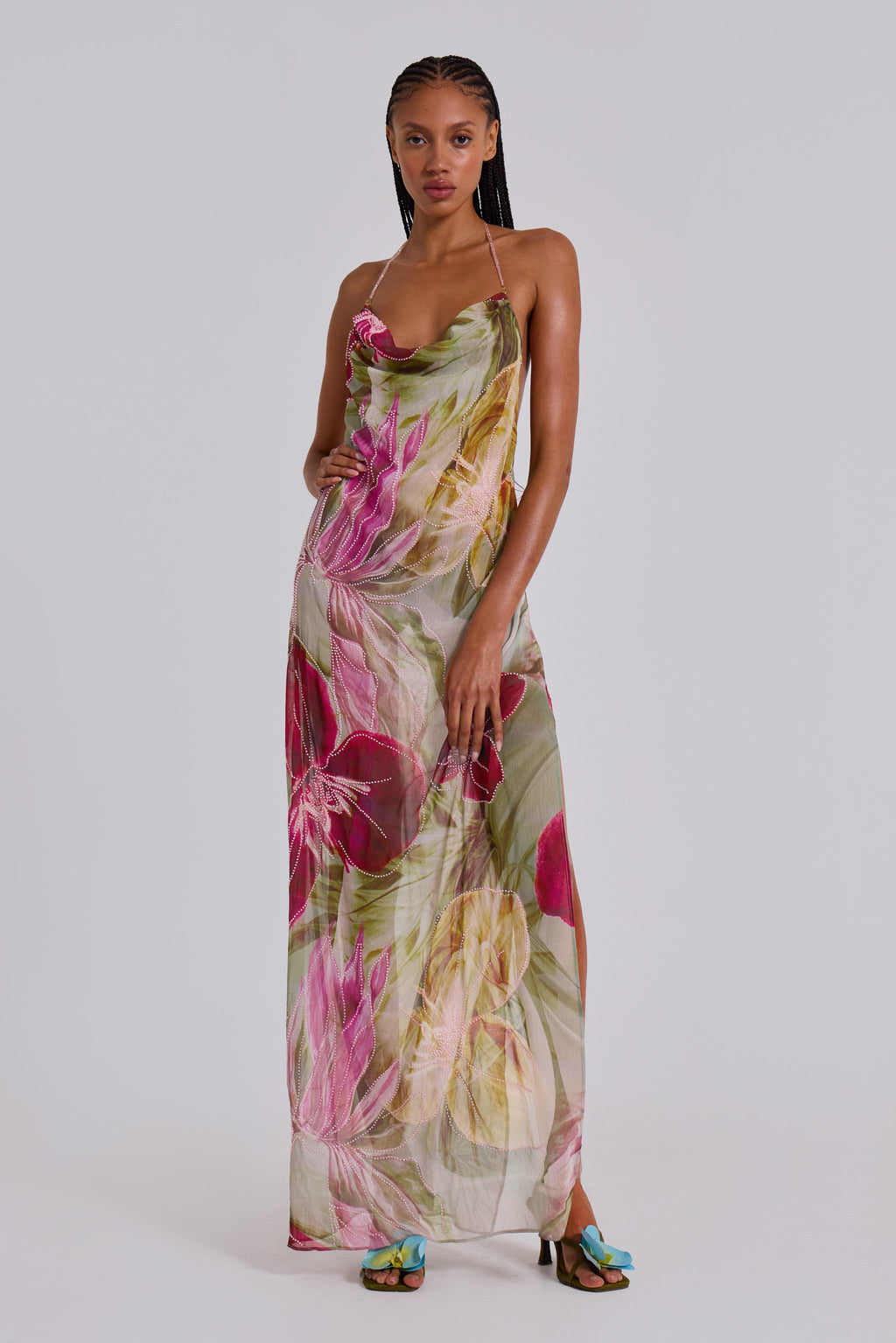NIKA | BACKLESS CHIFFON HALTER MAXI DRESS - Blush and Sage Floral