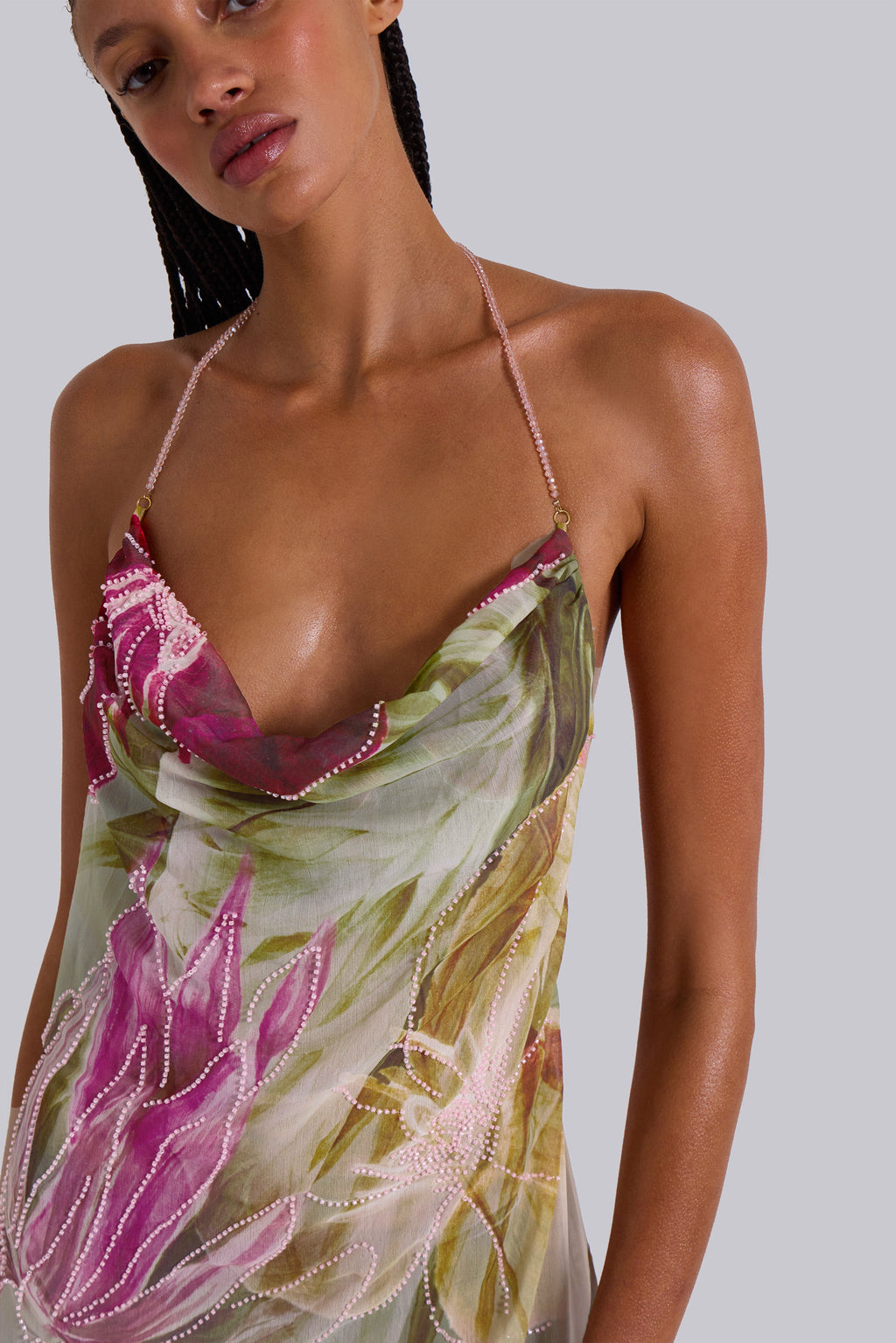 NIKA | BACKLESS CHIFFON HALTER MAXI DRESS - Blush and Sage Floral