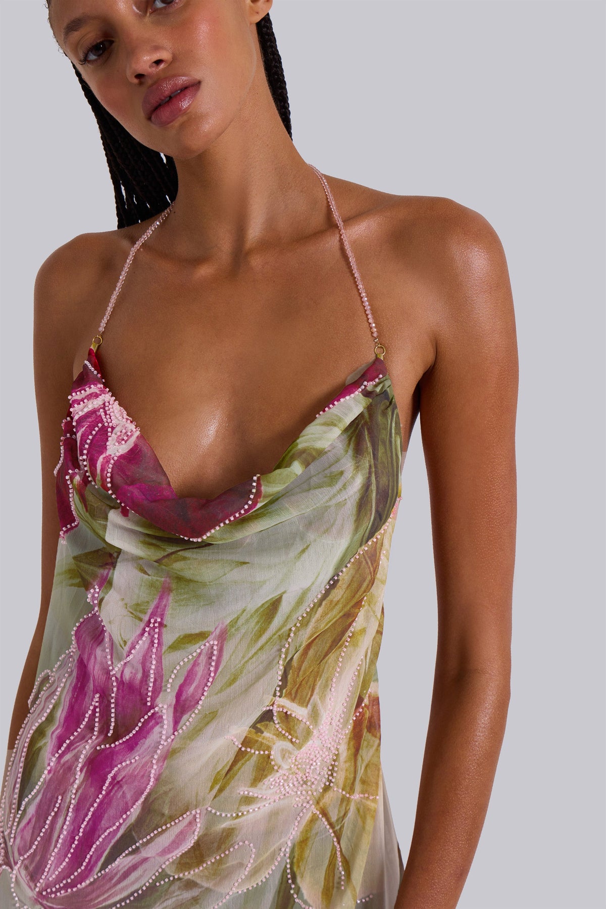 NIKA | BACKLESS CHIFFON HALTER MAXI DRESS - Blush and Sage Floral