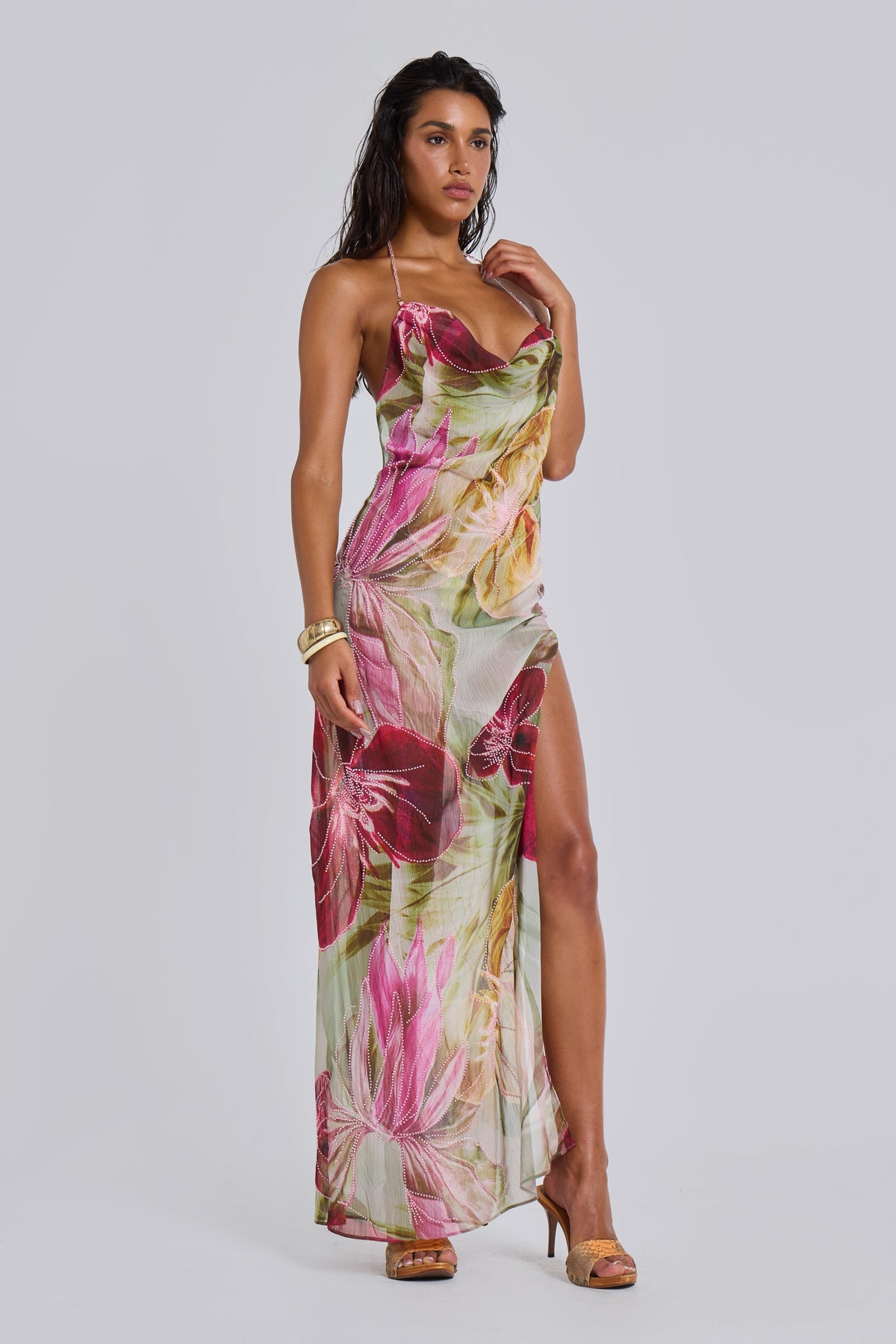 NIKA | BACKLESS CHIFFON HALTER MAXI DRESS - Blush and Sage Floral