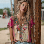 NILA | EMBROIDERED V-NECK BOHO TOP - Pink and Cream Floral
