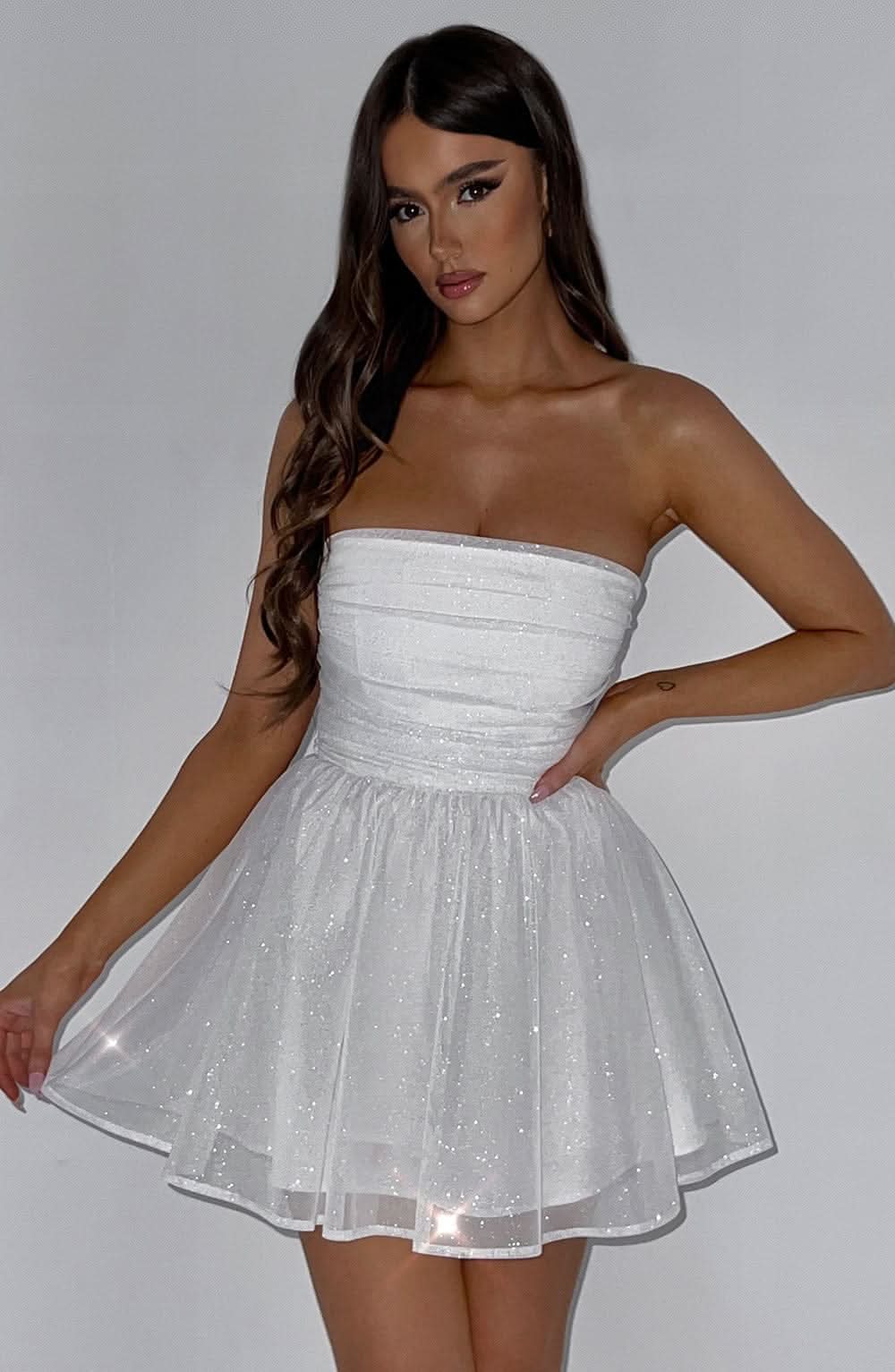 Silver glitter strapless mini dress with layered tulle skirt