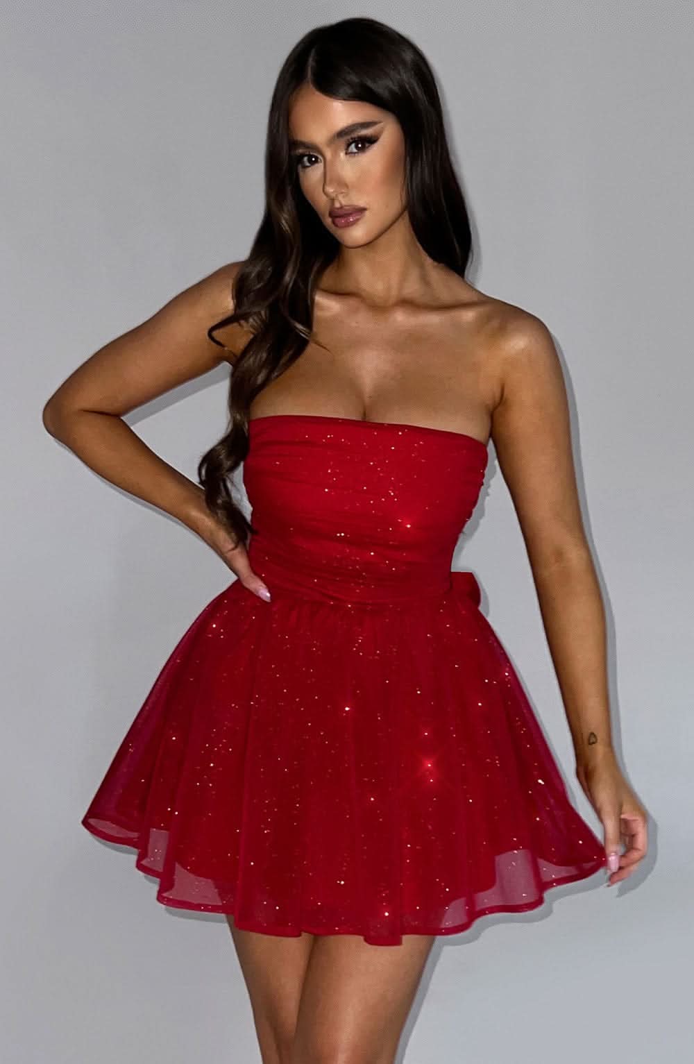 Red sequin strapless mini dress with full tulle skirt
