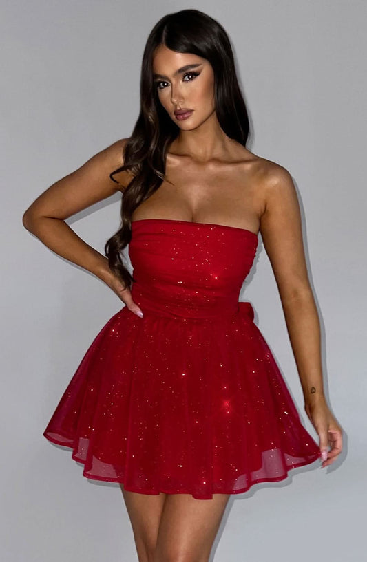 Red sequin strapless mini dress with full tulle skirt