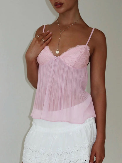 Pink pleated camisole with lace sweetheart neckline and spaghetti straps