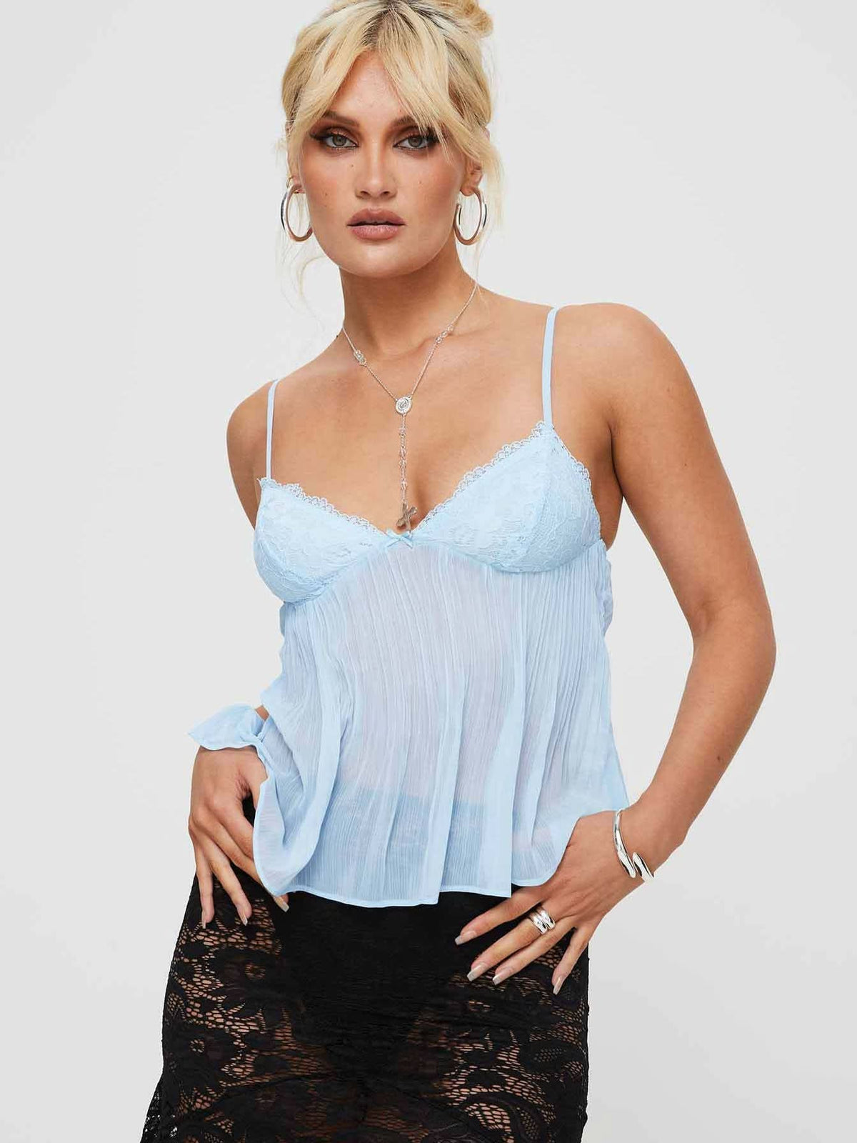 Light blue pleated camisole with lace sweetheart neckline and straps