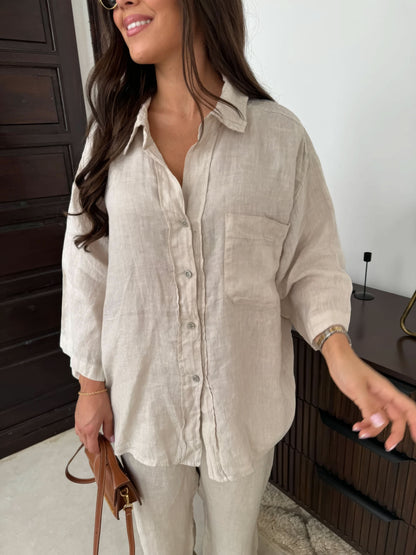 Cream linen shirt with chest pocket and collar detail
