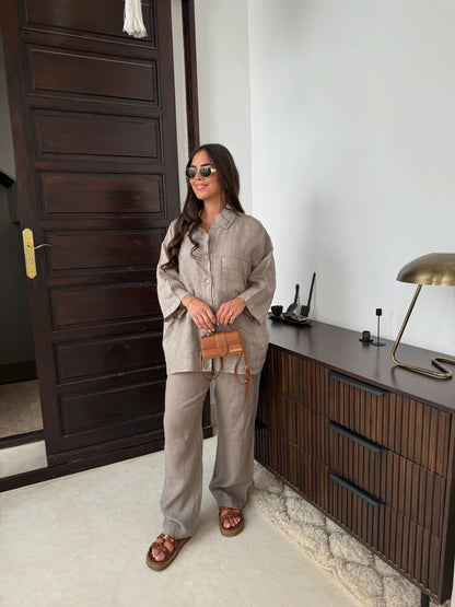 Taupe linen button-up shirt paired with matching linen pants