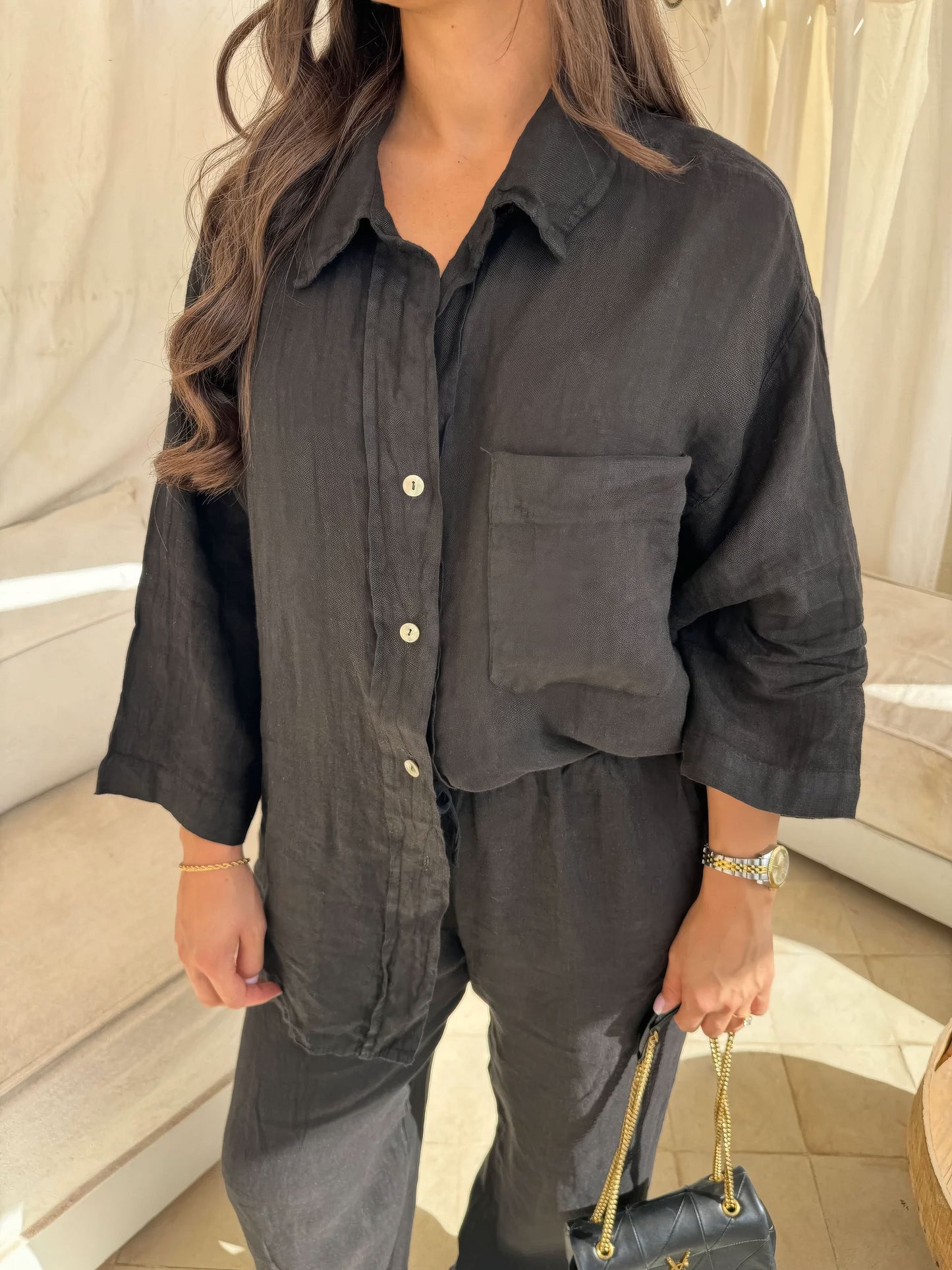 Charcoal gray linen button-up shirt with oversized fit and matching linen pants
