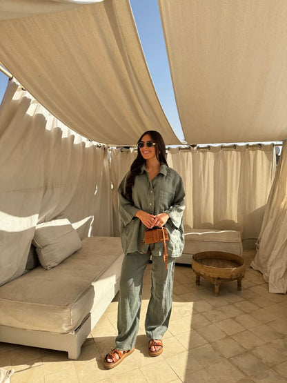 Sage green linen button-up shirt and matching pants set, relaxed fit