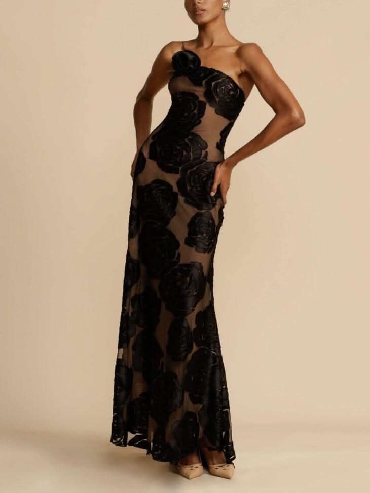 Black 3D rose maxi dress with strapless neckline and sheer mesh for women