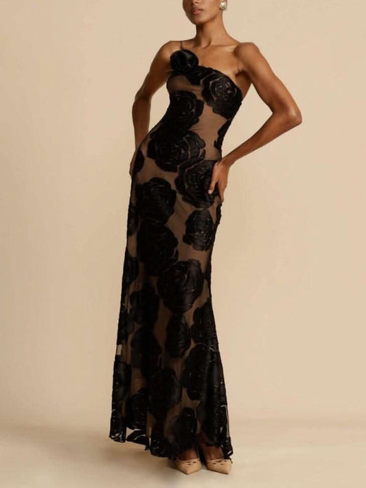 Black 3D rose maxi dress with strapless neckline and sheer mesh for women
