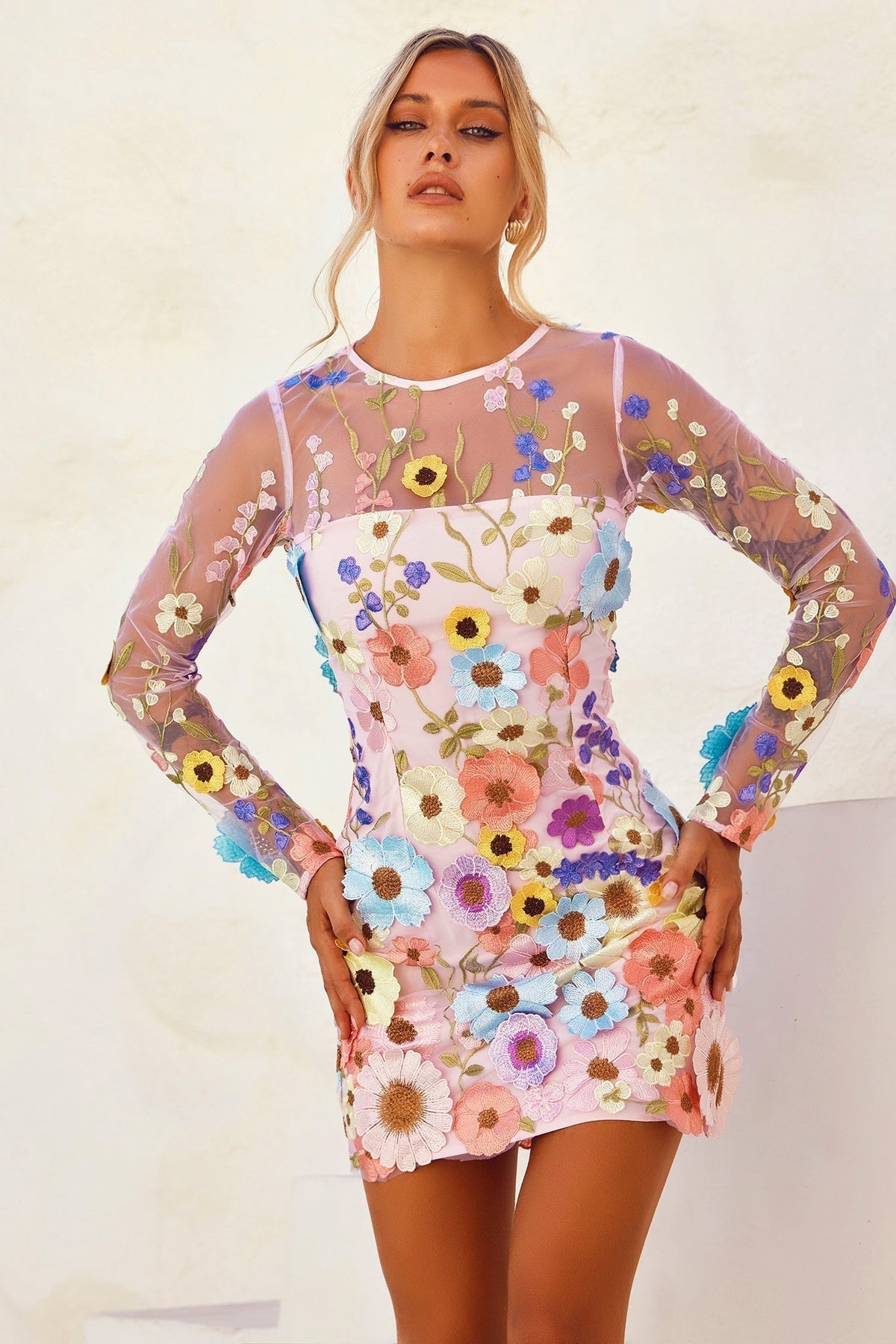 NOREEN | FLORAL APPLIQUE MINI DRESS - Blush Floral