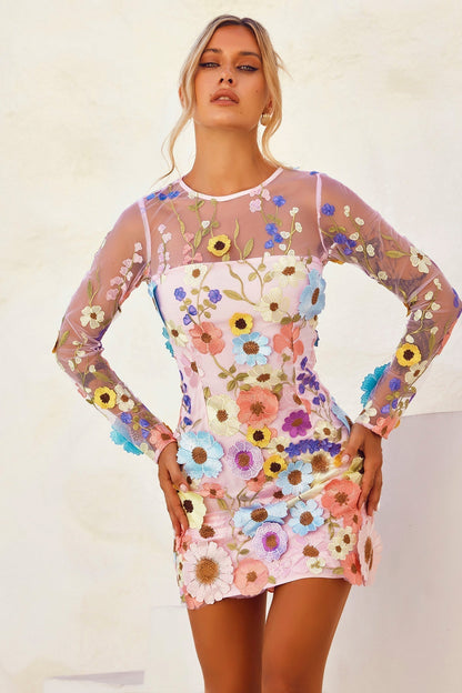 NOREEN | FLORAL APPLIQUE MINI DRESS - Blush Floral