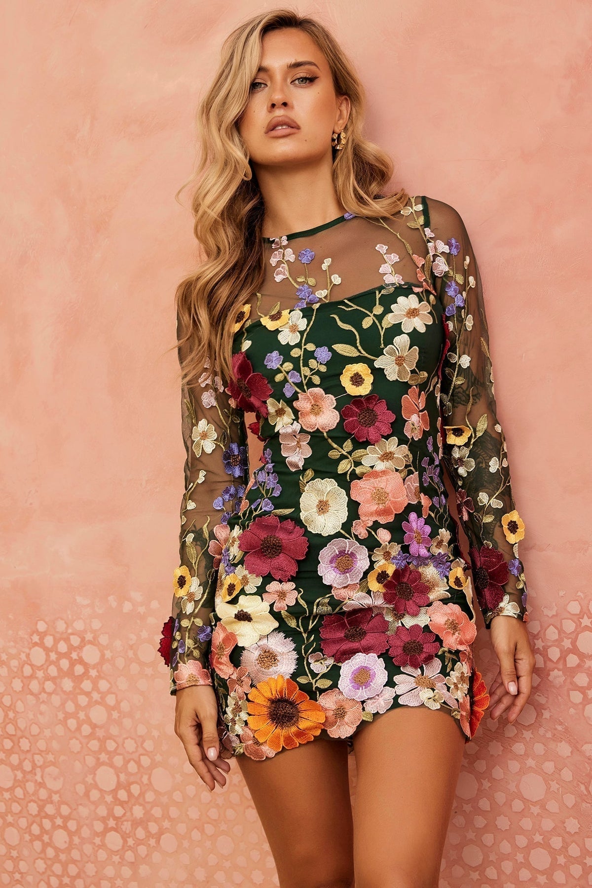 NOREEN | FLORAL APPLIQUE MINI DRESS - Forest Green Floral