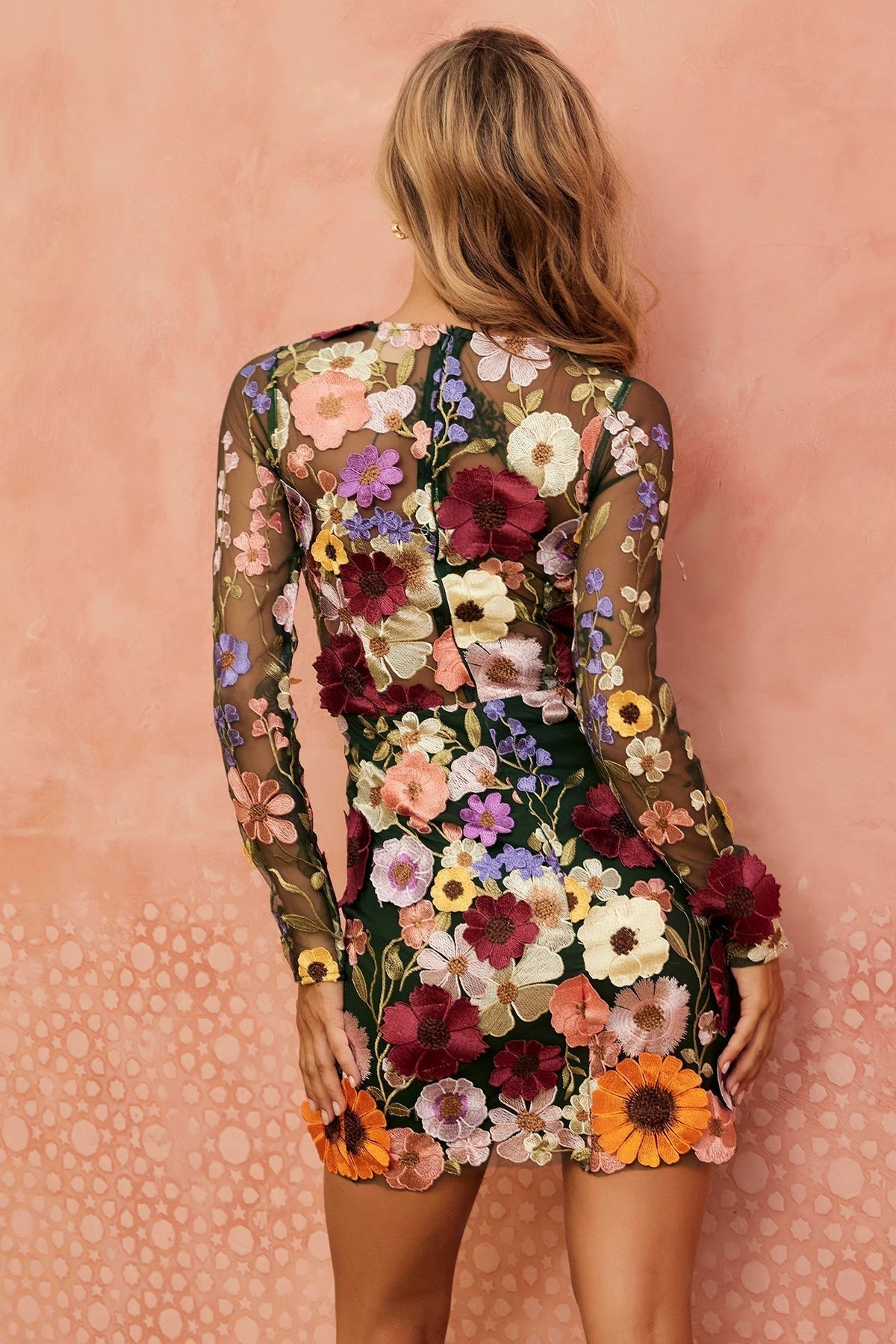 NOREEN | FLORAL APPLIQUE MINI DRESS - Forest Green Floral