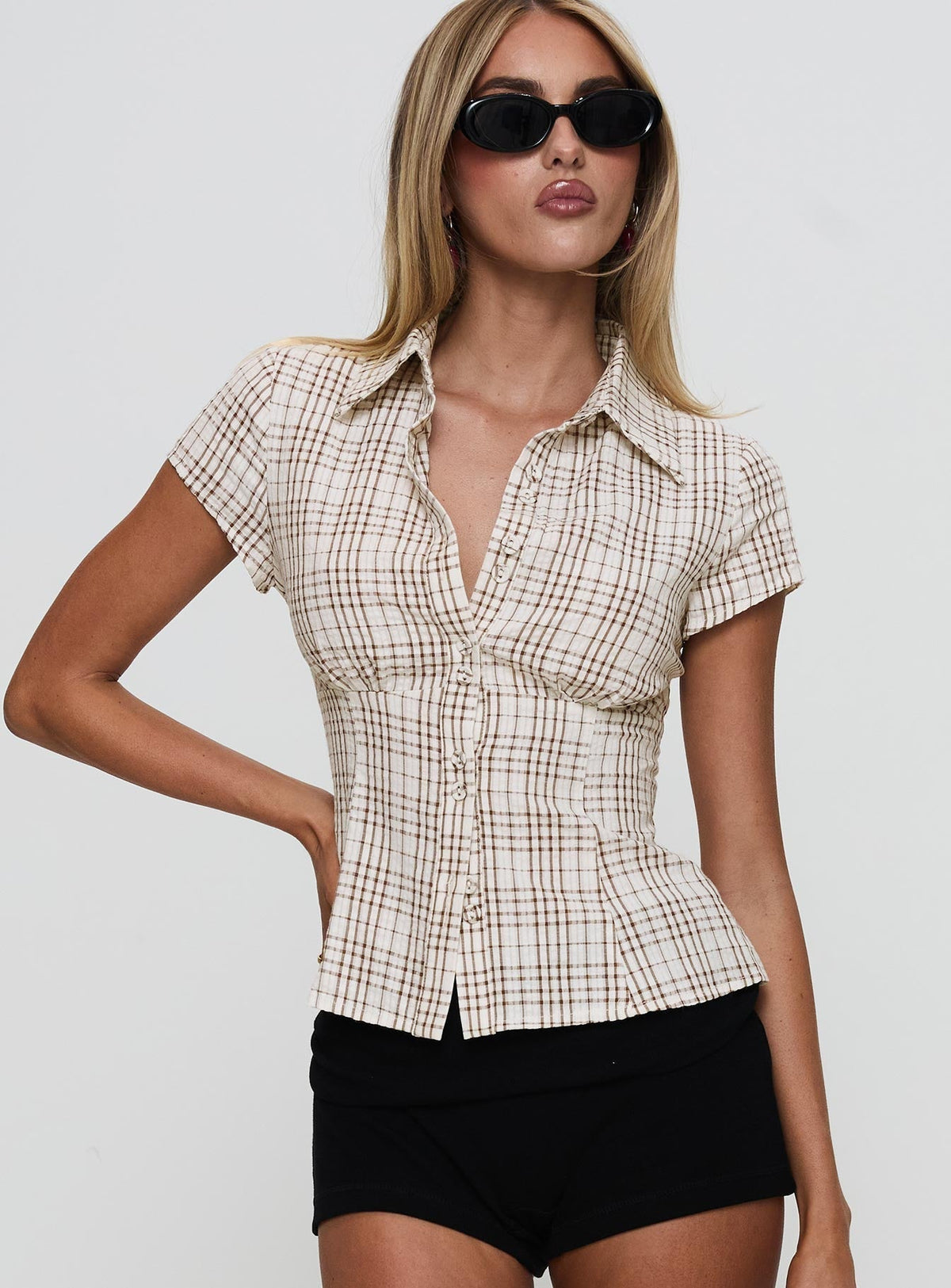 NORELLE | PLAID BLOUSE - Brown