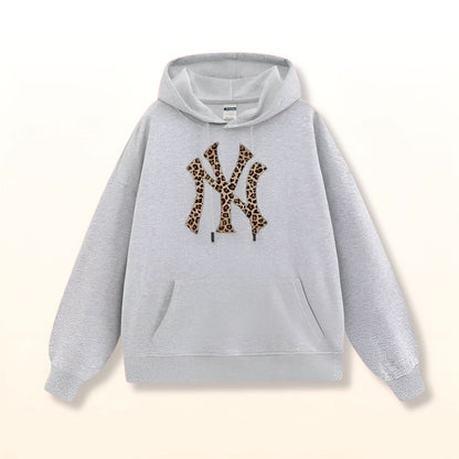 Light gray hooded sweatshirt featuring leopard pattern NY logo graphic