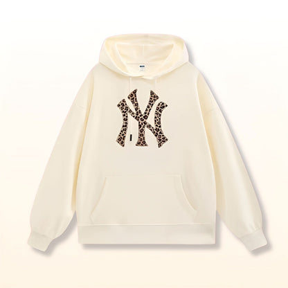 Cream pullover hoodie with leopard print NY design on chest