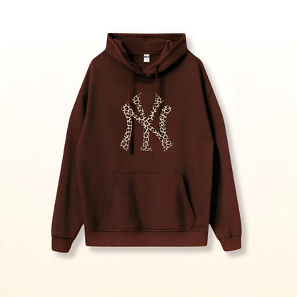 Burgundy ny leopard hoodie with adjustable drawstring and relaxed fit