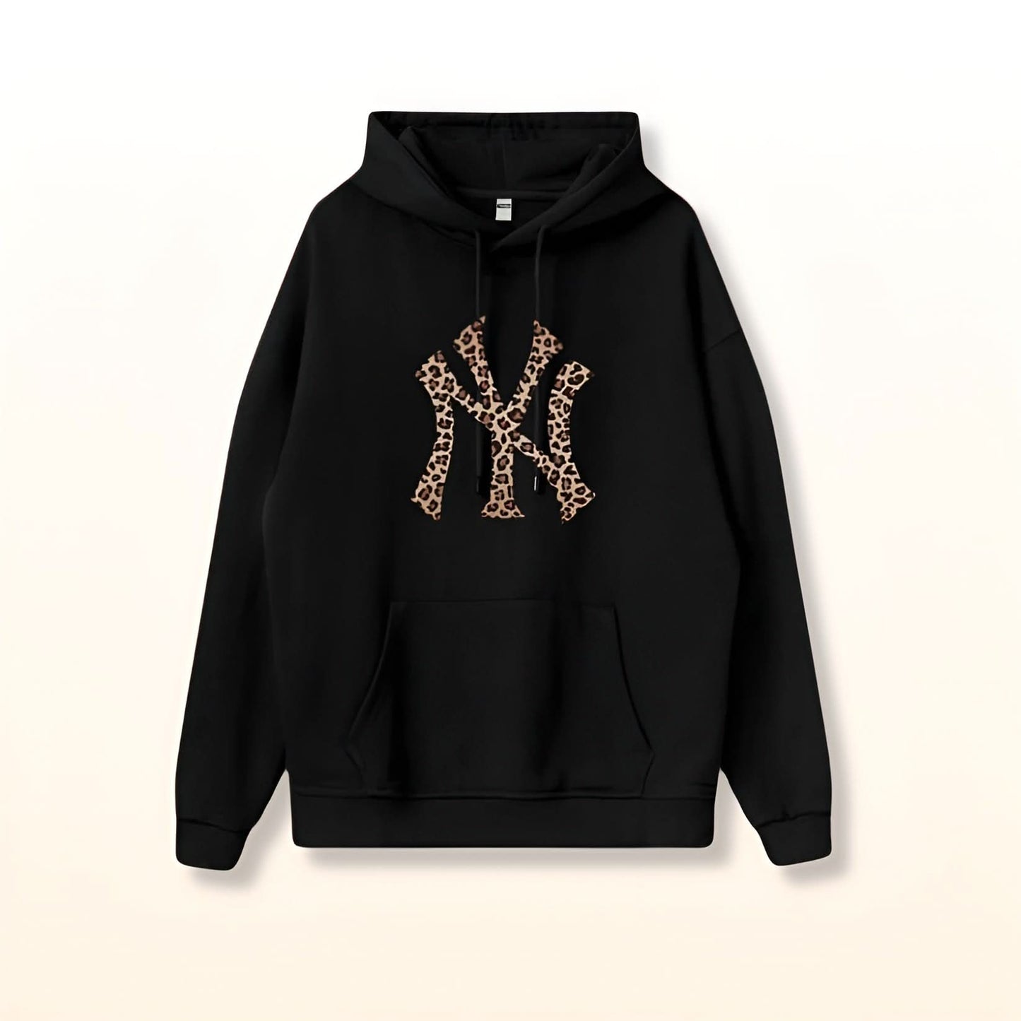 Black NY leopard print hoodie with drawstring hood and kangaroo pocket